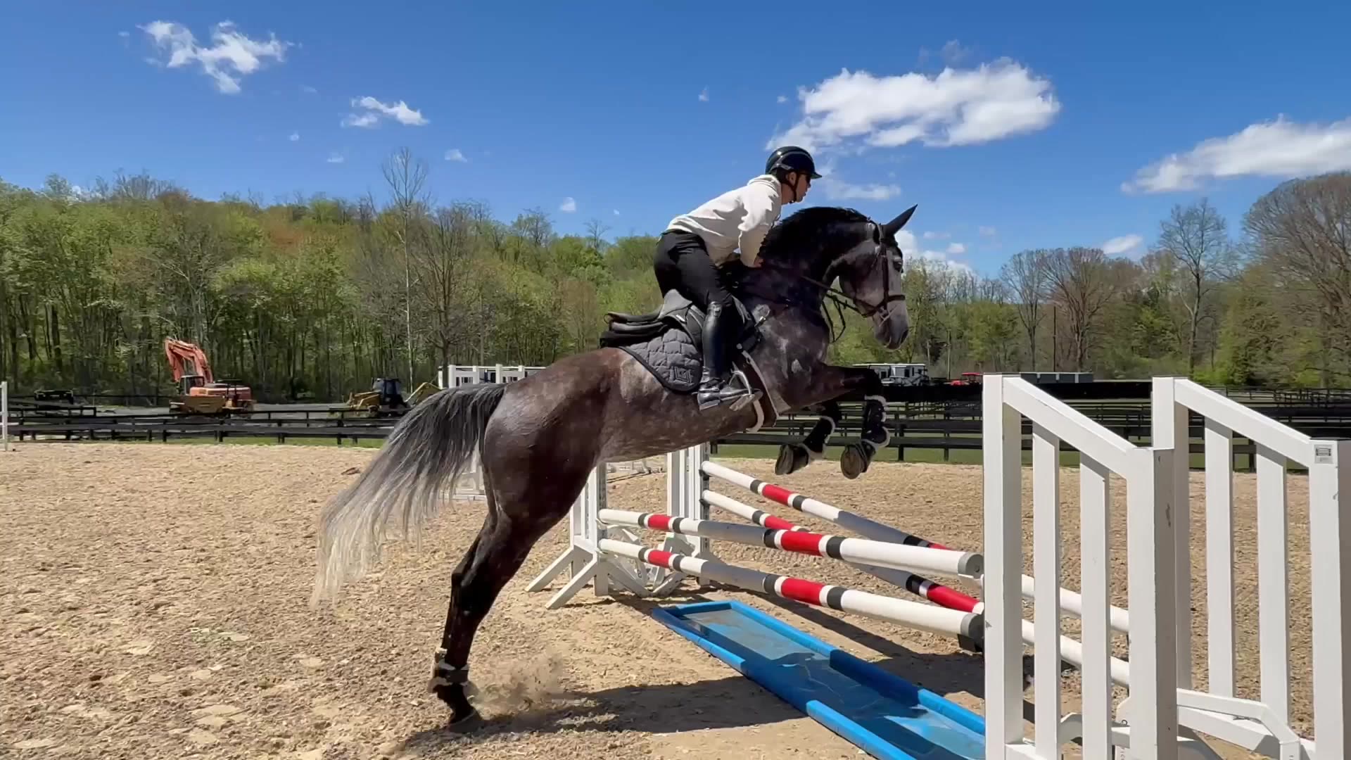 A horse and rider mid-jump at KG Stables