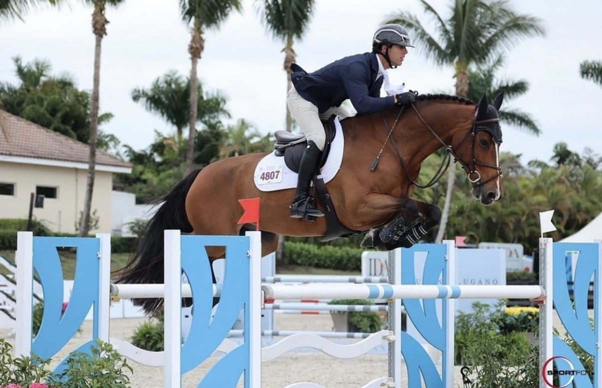 Kyle Gambino clearing a Lugano-branded oxer on a bay horse at a Wellington venue, palm trees and competition signage in the background